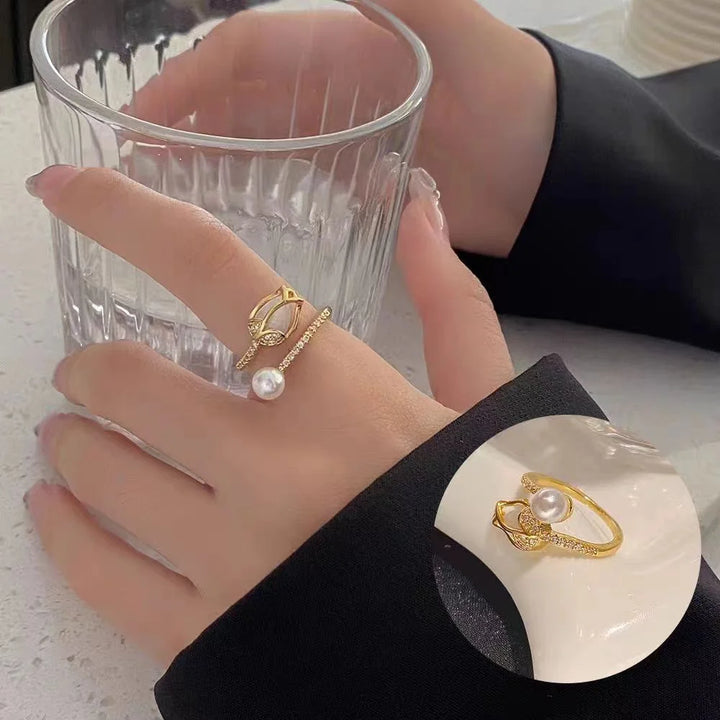 Charme Vrouwelijke Witte Parel Bloem Verstelbare Open Ring Goud Kleur Leuke Gift Bruiloft Sieraden Voor Vrouwen