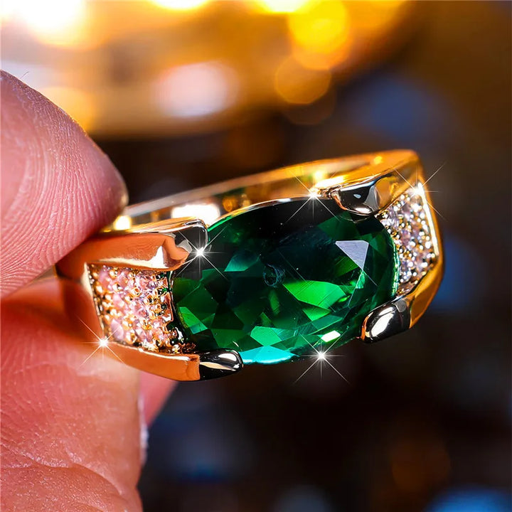 Mannelijke Vrouwelijke Groene Zirkoon Stenen Ring Trendy Geel Goud Kleur Engagement Leuke Bruid Bruiloft Sieraden Cadeau Voor Vrouwen Mannen