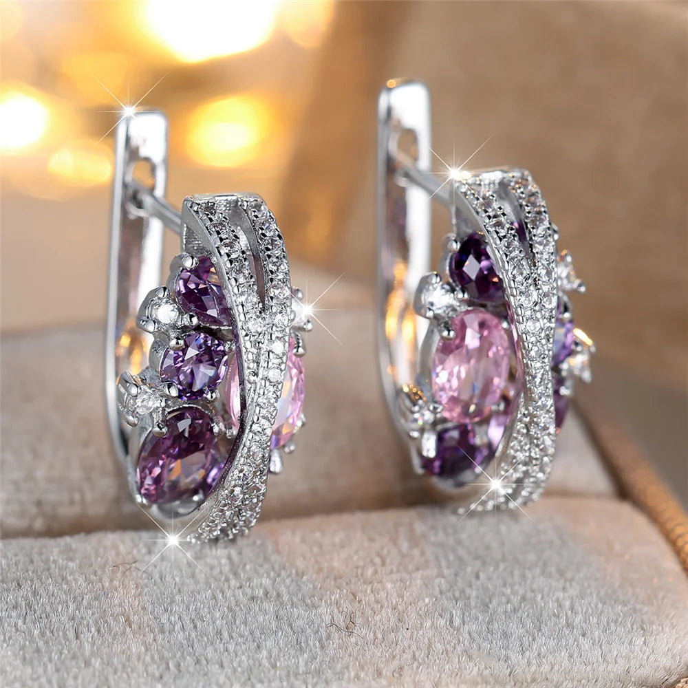 Charme Vrouwelijke Roze Blauw Kristal Zirkoon Steen Hoepel Oorbellen Zilver Kleur Eenvoudige Bruiloft Sieraden Voor Vrouwen