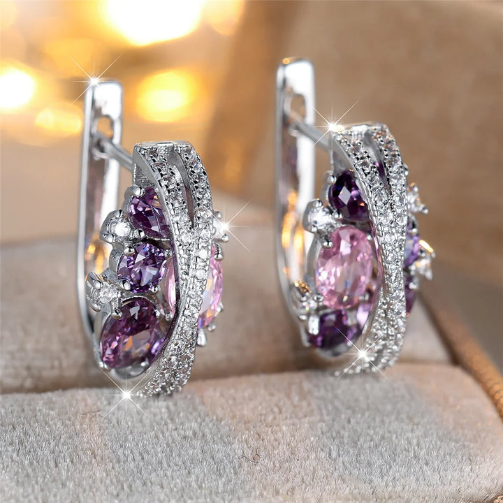 Charme Vrouwelijke Roze Blauw Kristal Zirkoon Steen Hoepel Oorbellen Zilver Kleur Eenvoudige Bruiloft Sieraden Voor Vrouwen