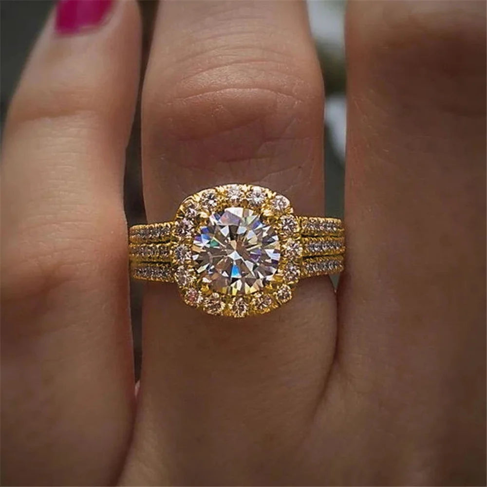 Kristal Vrouwelijke Wit Roze Zirkoon Stenen Ring Set Zilver Goud Kleur Bruids Bruiloft Verlovingssieraden Voor Vrouwen