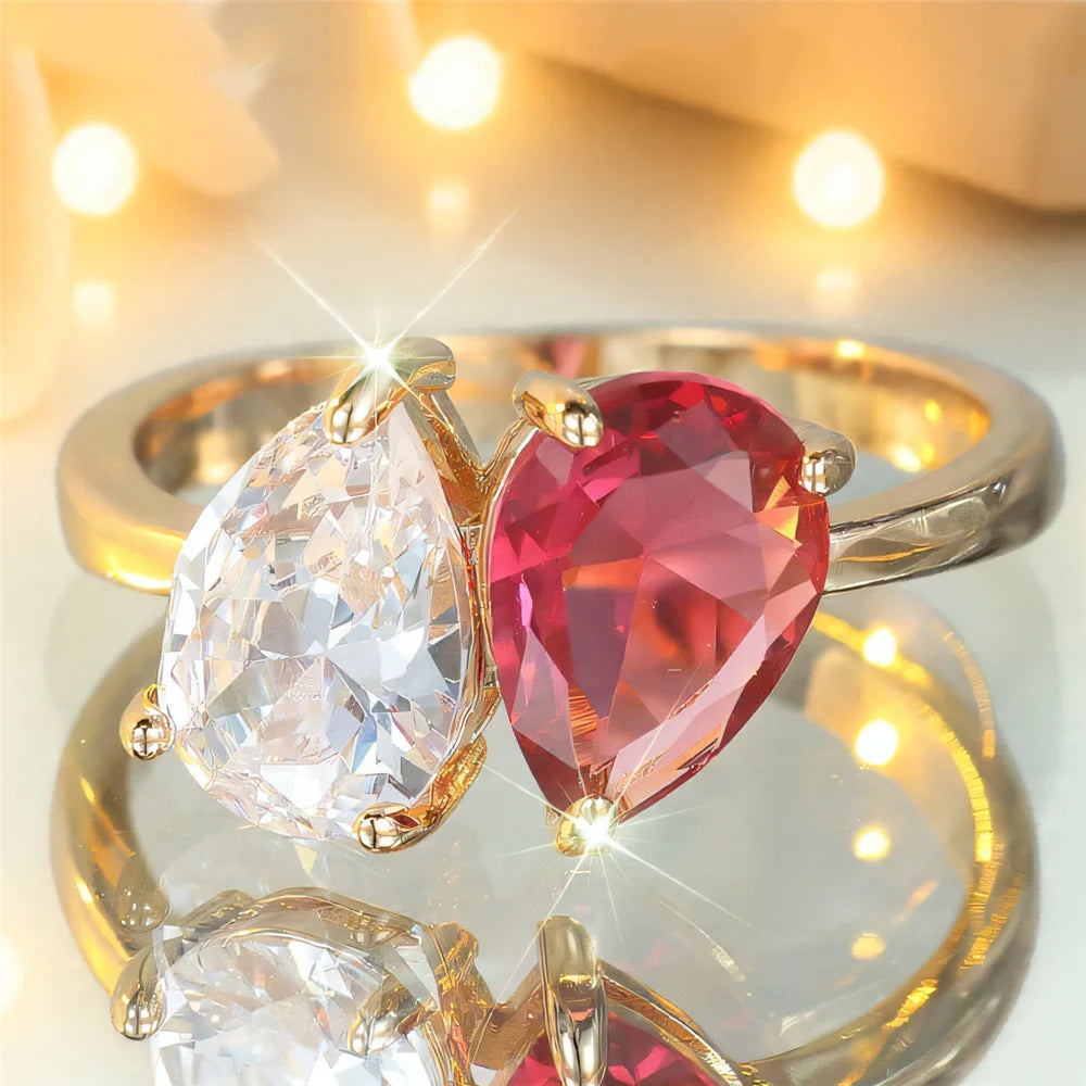 Leuke Vrouwelijke Rose Rood Blauw Zirkoon Ovale Stenen Ring Goud Kleur Engagement Charm Bruiloft Sieraden Voor Vrouwen