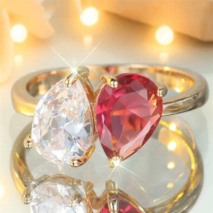 Leuke Vrouwelijke Rose Rood Blauw Zirkoon Ovale Stenen Ring Goud Kleur Engagement Charm Bruiloft Sieraden Voor Vrouwen