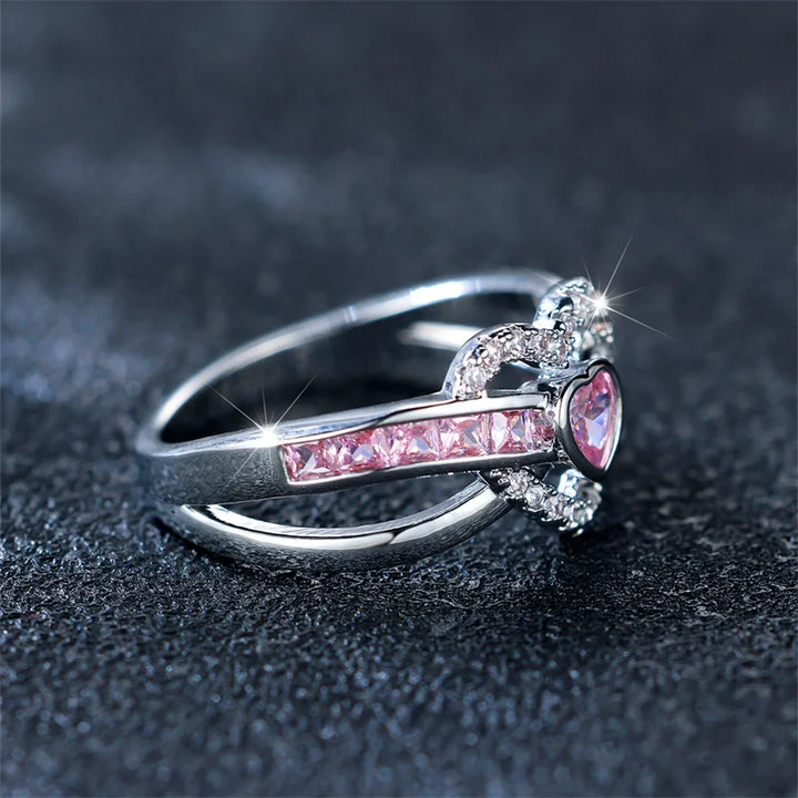 Schattige Vrouwelijke Roze Zirkoon Stenen Ring Trendy Zilveren Kleur Hart Verloving Bruiloft Sieraden Cadeau