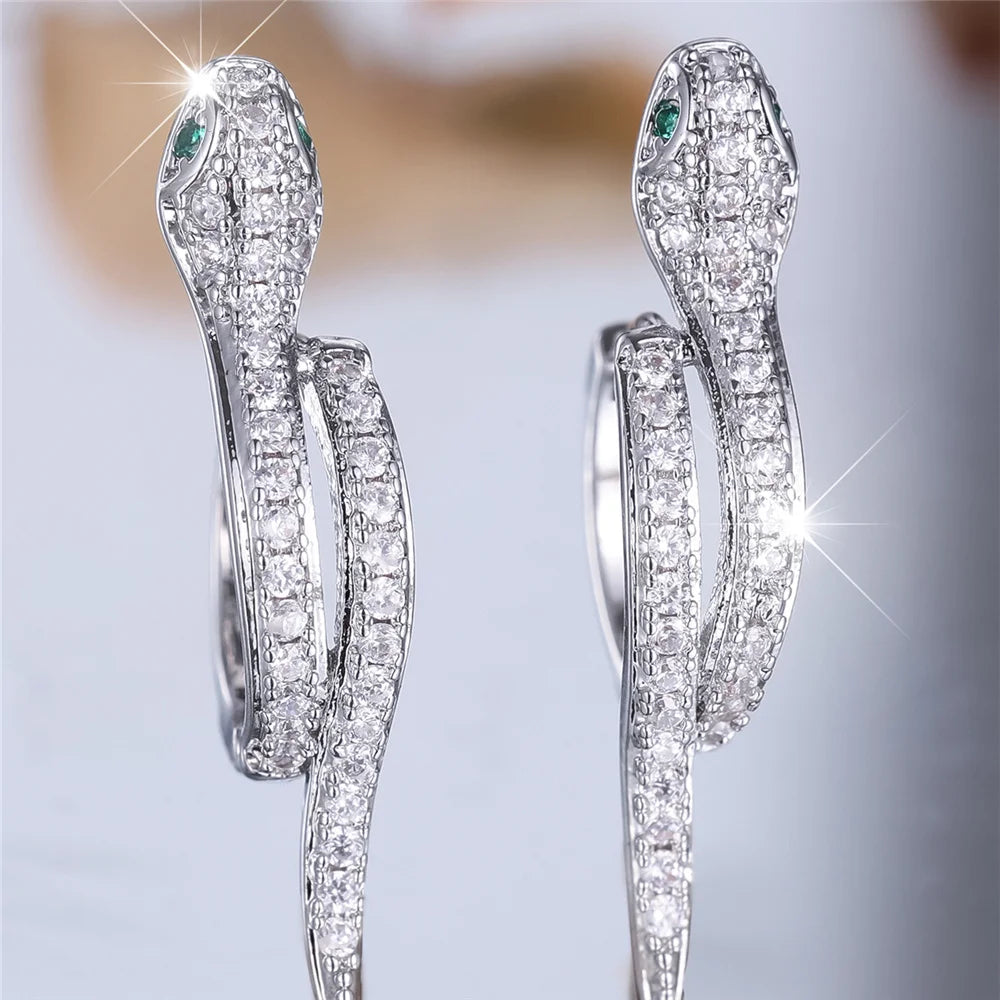 Leuke Vrouwelijke Kleine Wit Groen Zirkoon Steen Slang Dier Hoepel Oorbellen Mode Zilveren Kleur Bruiloft Sieraden Voor Vrouwen
