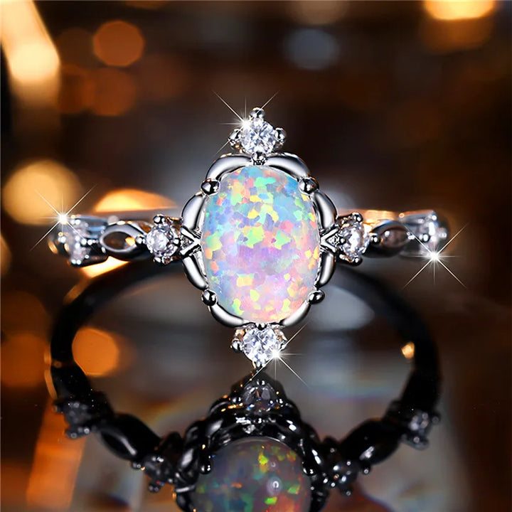 Leuke vrouwelijke witte ovale opaal stenen verlovingsring trendy zilveren kleur bruid bruiloft sieraden cadeau voor vrouwen