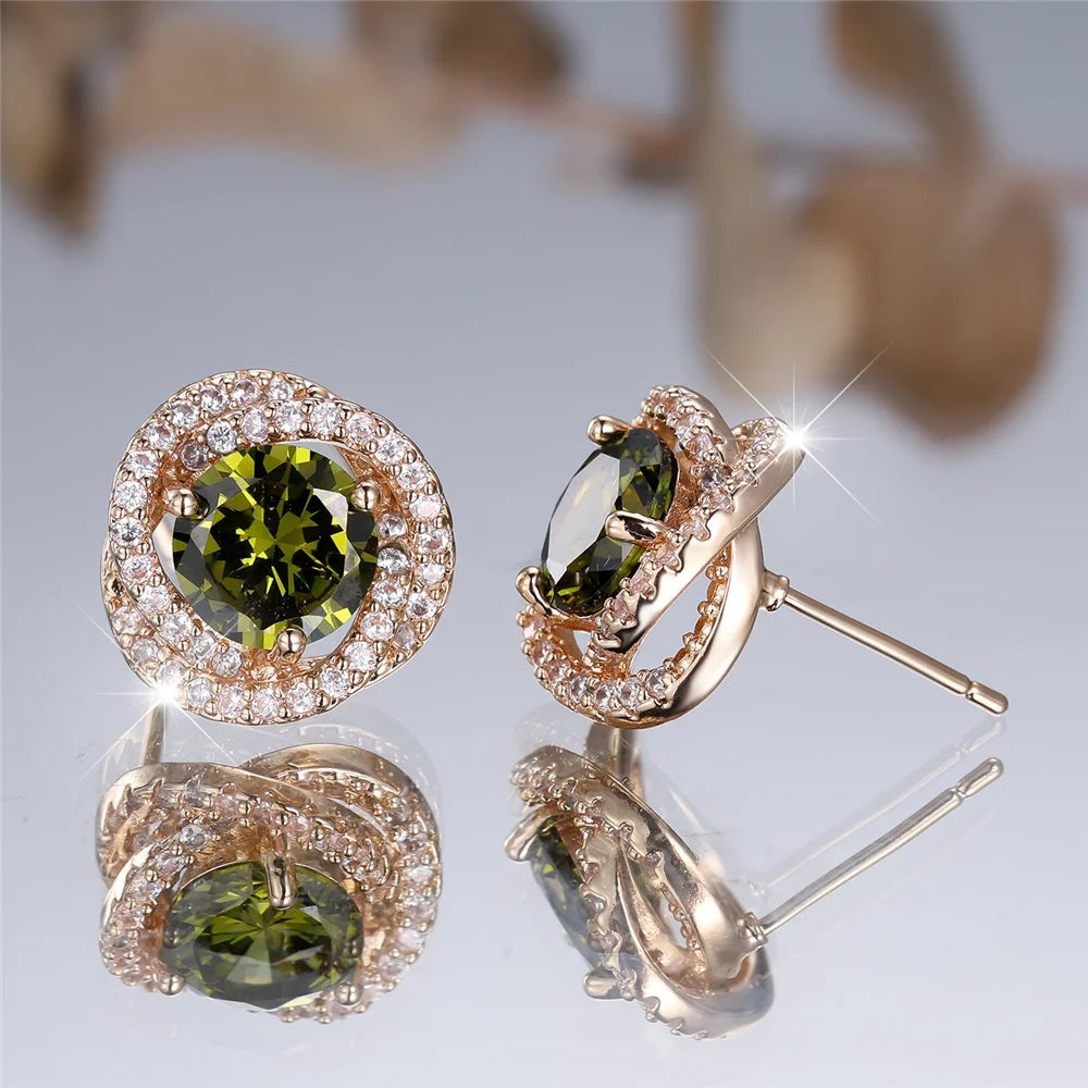 Leuke vrouwelijke steen olijfgroene zirkoon ronde oorknopjes gouden kleur bruiloft sieraden voor vrouwen