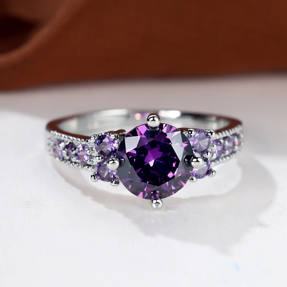 Luxe Vrouwelijke Charme Groen Roze Kristal Zilveren Kleur Ringen Voor Vrouwen Ronde Stenen Verloving Bruiloft Sieraden