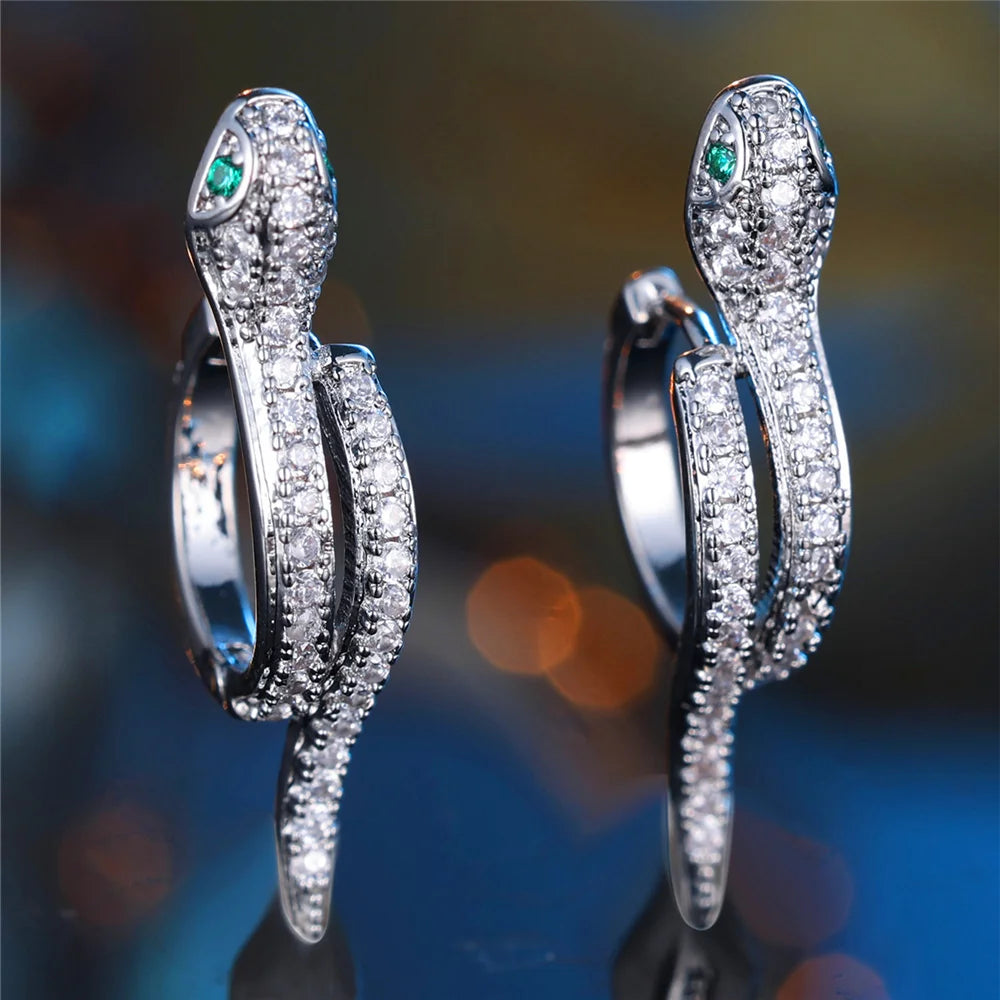 Leuke Vrouwelijke Kleine Wit Groen Zirkoon Steen Slang Dier Hoepel Oorbellen Mode Zilveren Kleur Bruiloft Sieraden Voor Vrouwen