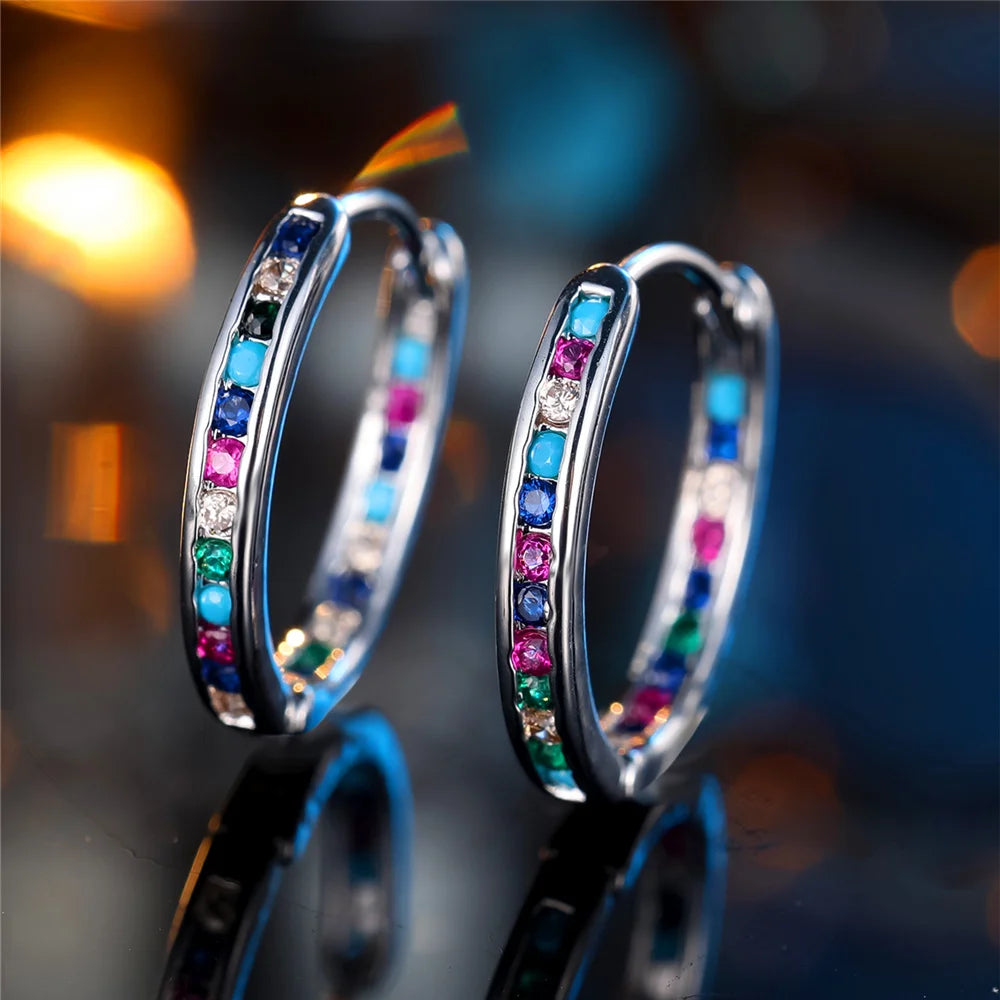 Schattige Vrouwelijke Regenboog Zirkoon Steen Ronde Oorringen Mode Zilveren Kleur Bruiloft Sieraden Voor Vrouwen