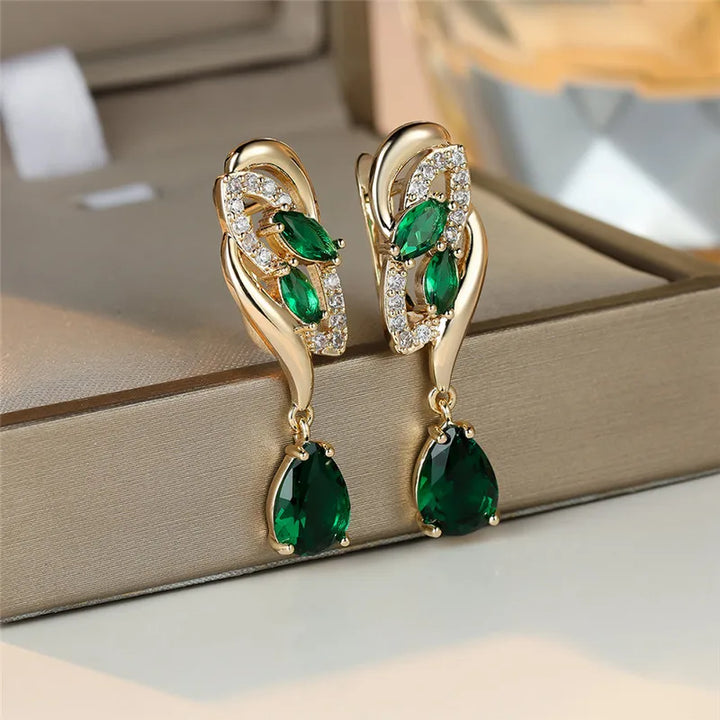 Leuke Vrouwelijke Groen Blauwe Zirkoon Steen Oorbellen Luxe Gouden Kleur Bruiloft Sieraden Voor Vrouwen