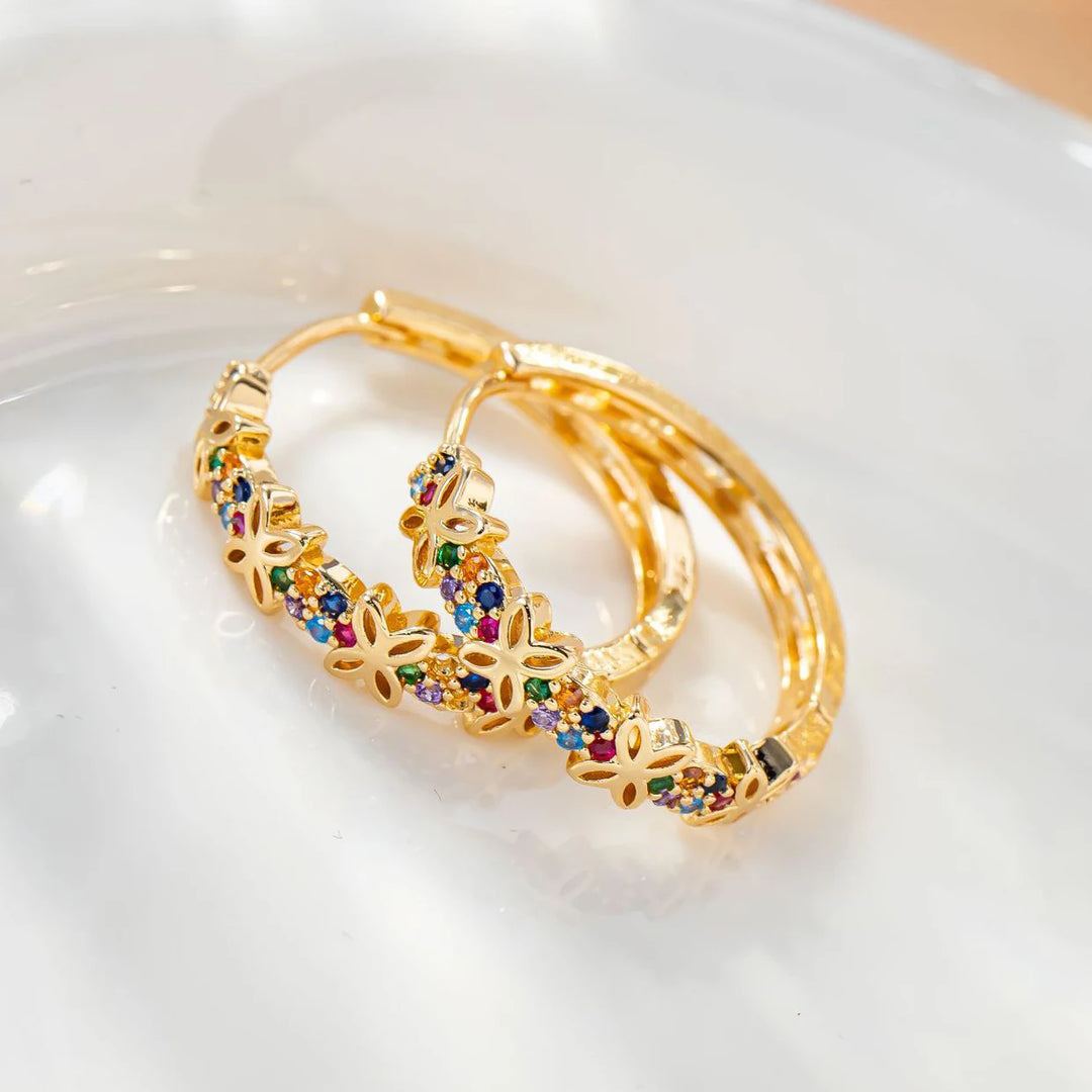 Statement Vrouwelijke Regenboog Bloem Zirkoon Steen Oorringen Luxe Glod Kleur Bruiloft Sieraden Voor Vrouwen