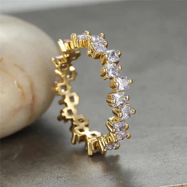 Luxe Kristal Kleine Vierkante Stenen Ring Lichtpaars Zirkoon Verlovingsring Charme Geel Goud Kleur Trouwringen Voor Vrouwen
