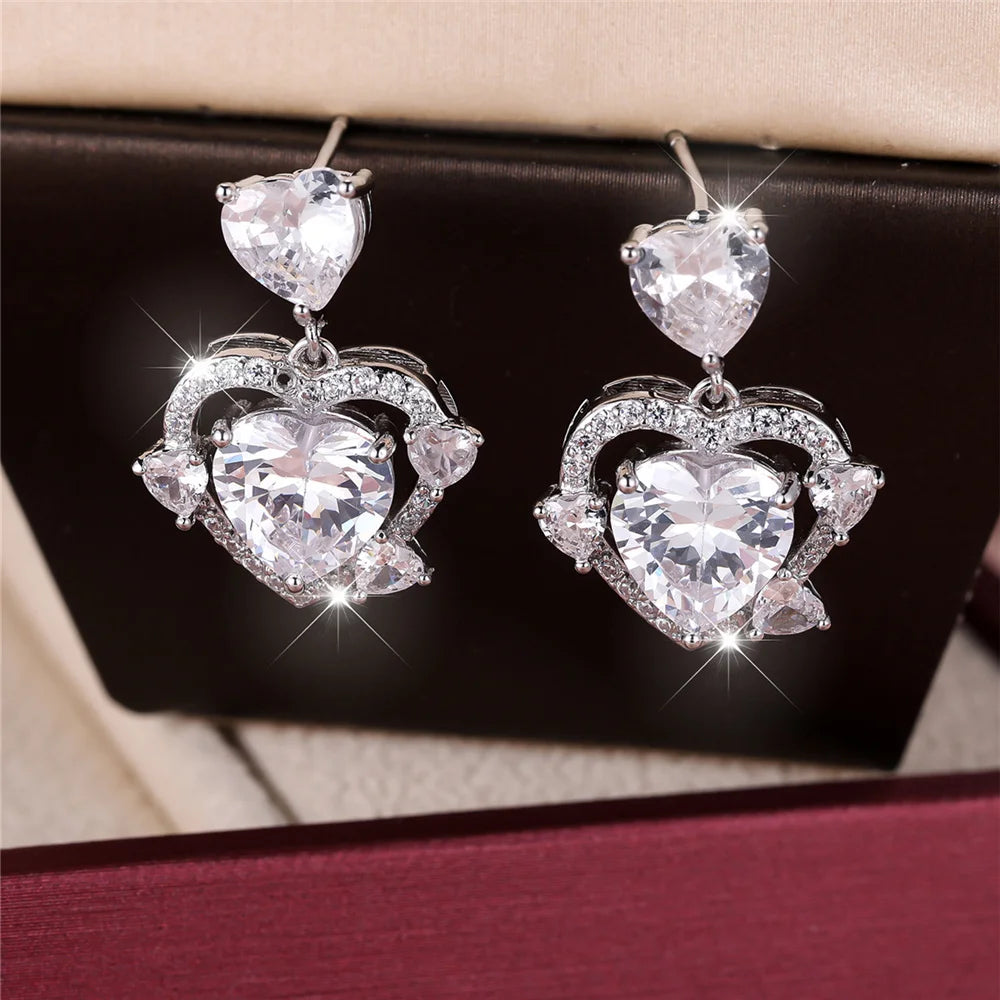 Leuke vrouwelijke steen wit roze zirkoon liefde hart Stud Oorbellen zilveren kleur bruiloft sieraden voor vrouwen