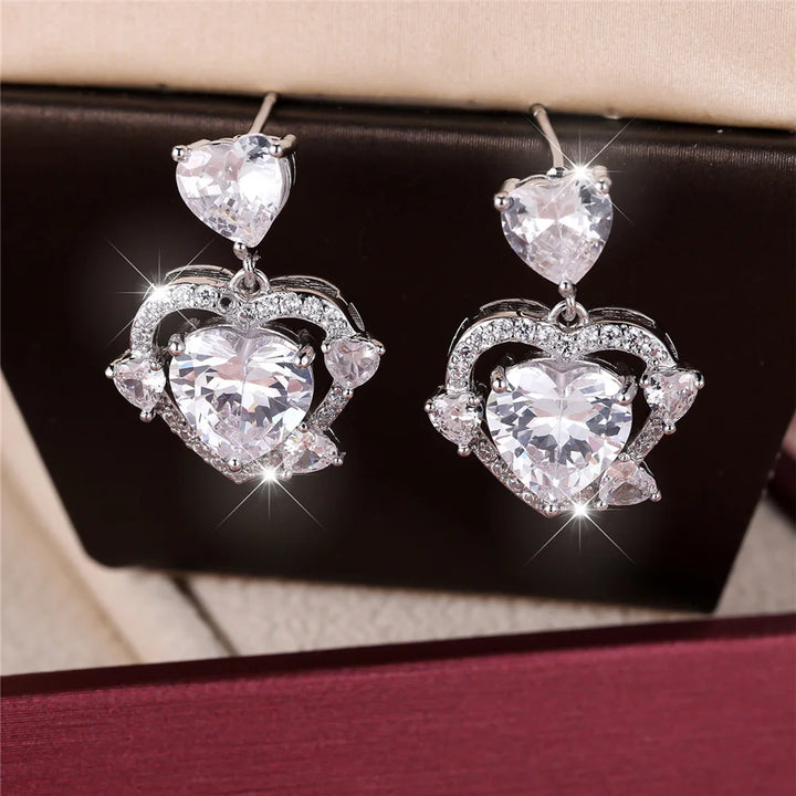 Leuke vrouwelijke steen wit roze zirkoon liefde hart Stud Oorbellen zilveren kleur bruiloft sieraden voor vrouwen