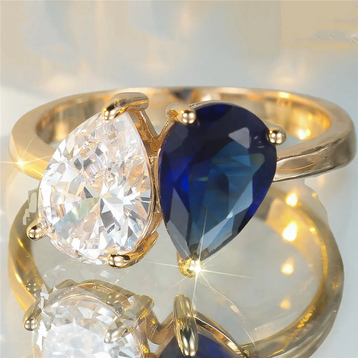 Leuke Vrouwelijke Rose Rood Blauw Zirkoon Ovale Stenen Ring Goud Kleur Engagement Charm Bruiloft Sieraden Voor Vrouwen