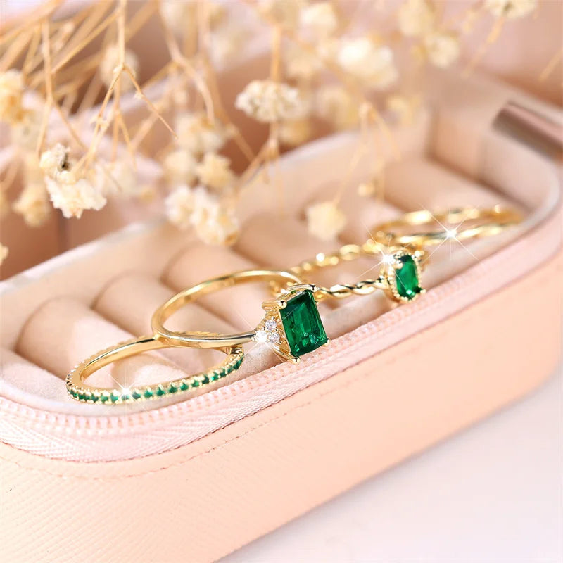 4 stks Vrouwelijke Groene Zirkoon Stenen Ring Set Trendy Geel Goud Kleur Engagement Leuke Bruid Bruiloft Sieraden Cadeau Voor Vrouwen