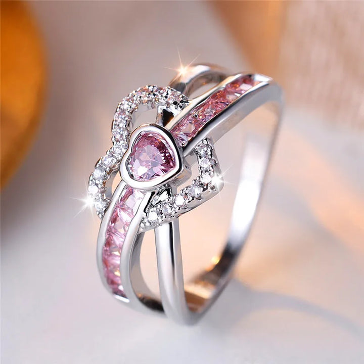 Schattige Vrouwelijke Roze Zirkoon Stenen Ring Trendy Zilveren Kleur Hart Verloving Bruiloft Sieraden Cadeau