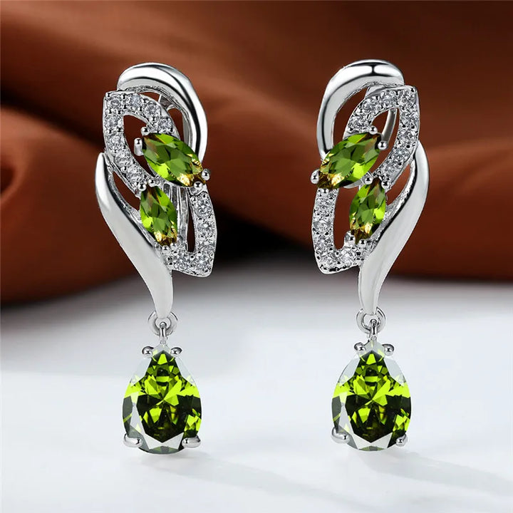 Luxe Vrouwelijke Groene Steen Zilver Kleur Clip Oorbellen Voor Vrouwen Charm Crystal Zirkoon Bruiloft Sieraden