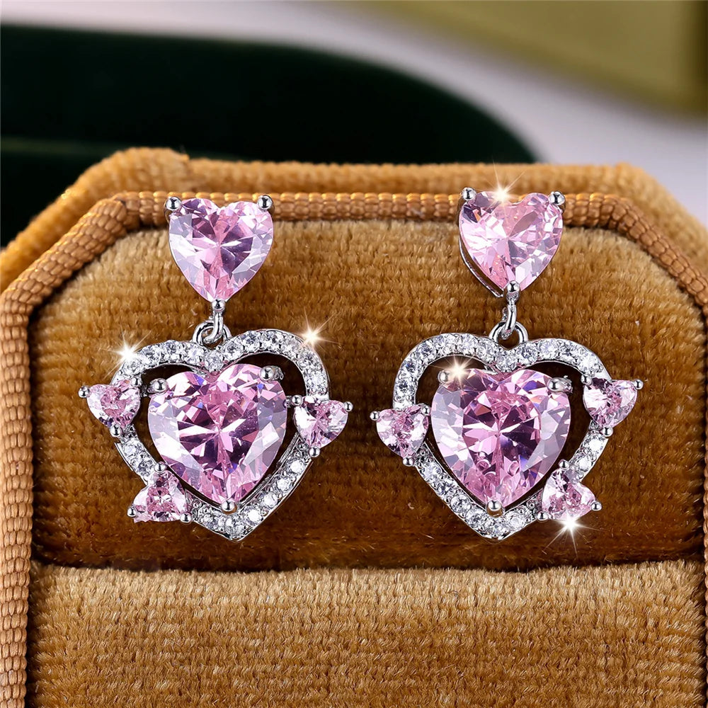 Leuke vrouwelijke steen wit roze zirkoon liefde hart Stud Oorbellen zilveren kleur bruiloft sieraden voor vrouwen