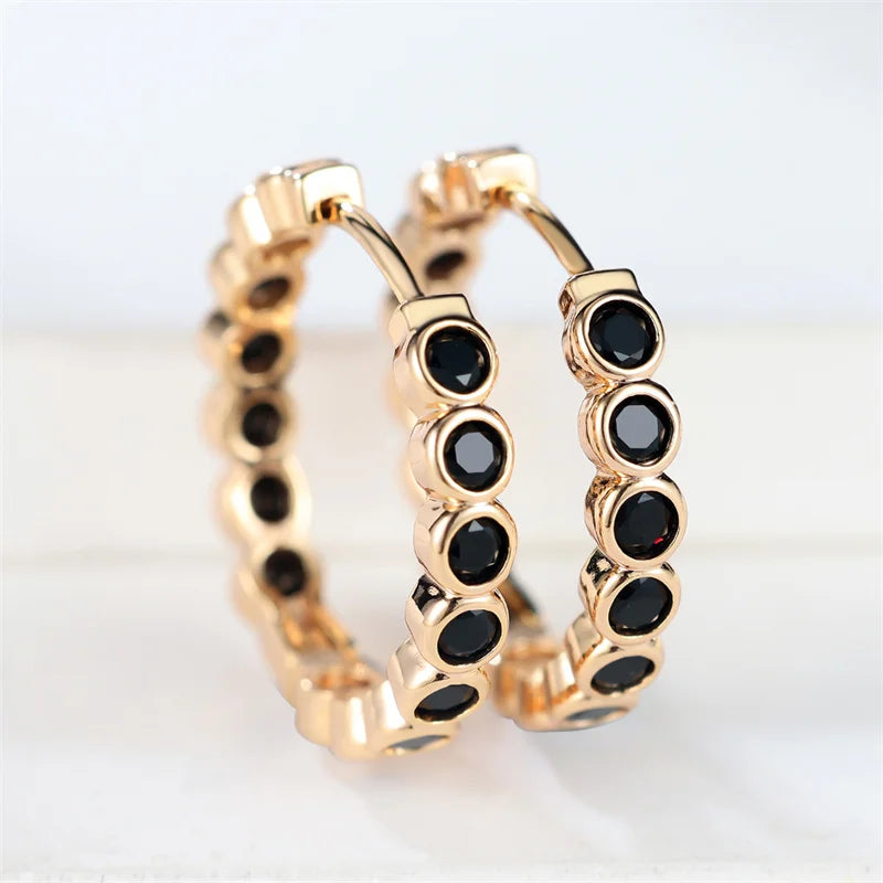 Luxe Vrouwelijke Kleine Zwarte Ronde Oorbellen Charme Goud Kleur Oorbellen Voor Vrouwen Trendy Zirkoon Steen Bruiloft Clip Oorbellen