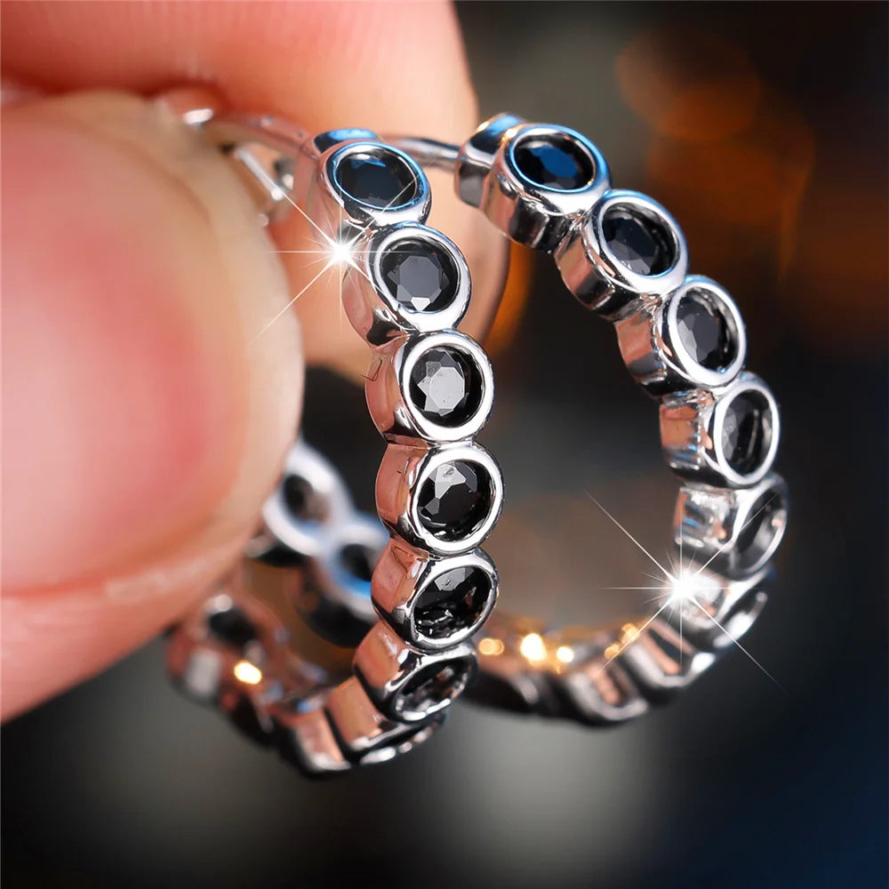 Kristal Groen Blauw Zwart Paars Ronde Zirkoon Steen Hoepel Oorbellen Voor Vrouwen Mode Vrouwelijke Zilveren Kleur Bruiloft Sieraden