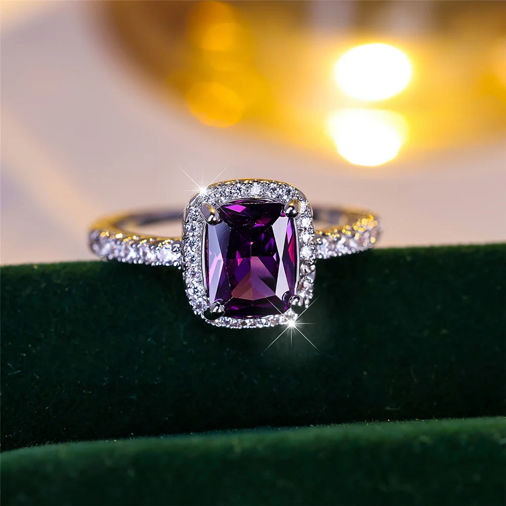 Luxe vrouwelijke paarse zirkoon steen verlovingsring charme zilveren kleur bruiloft sieraden voor vrouwen