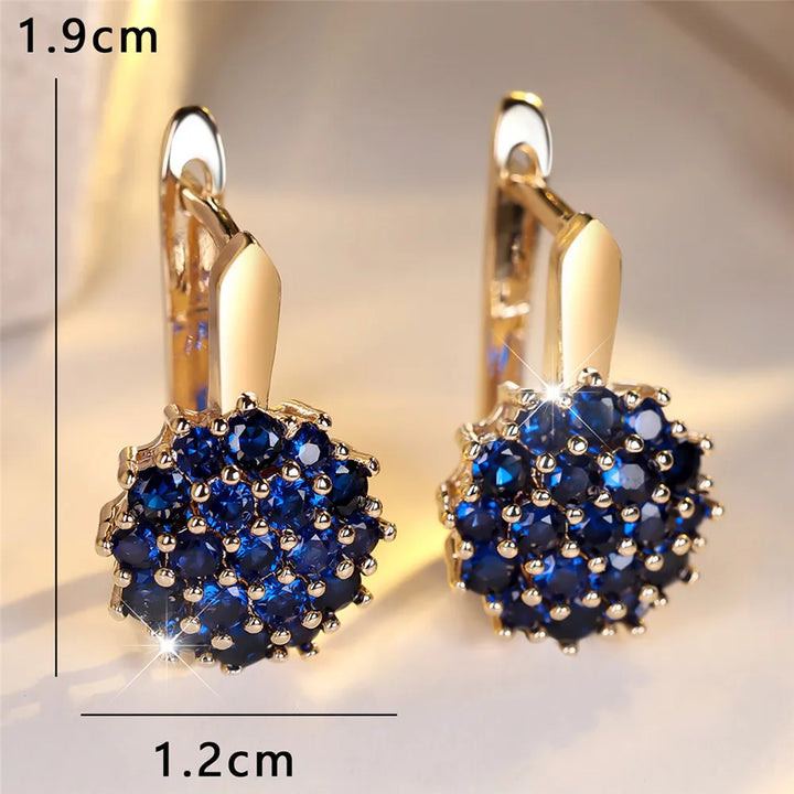 Leuke Zonnebloem Blauw Kristal Ronde Zirkoon Hoepel Oorbellen Voor Vrouwen Goud Kleur Bruiloft Bloem Sieraden Verlovingscadeau