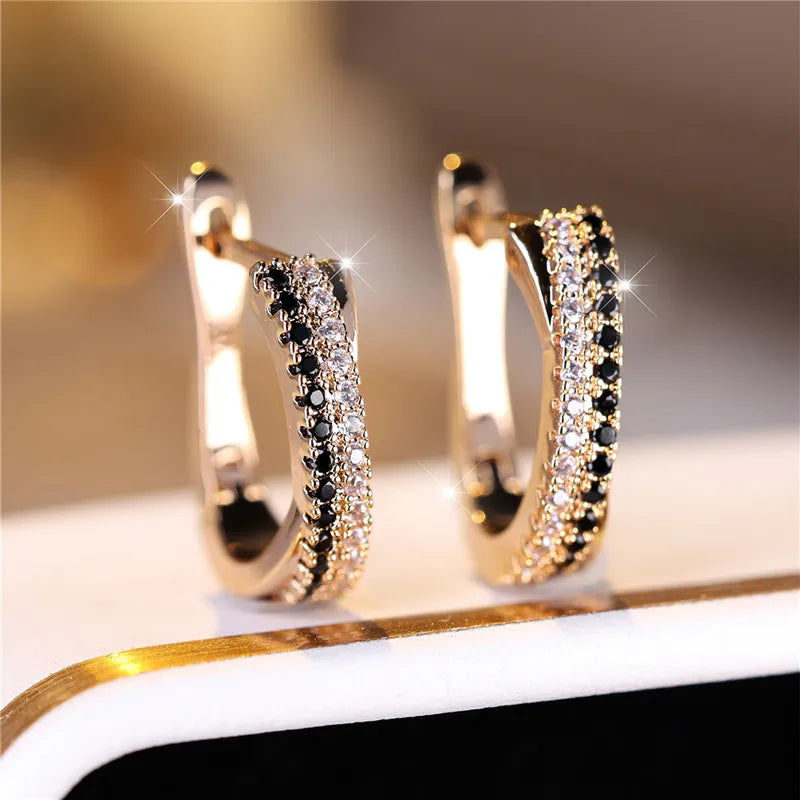 Luxe Vrouwelijke Zwart Wit Zirkoon Steen Clip Oorbellen Charme Goud Kleur Bruiloft Sieraden Voor Vrouwen