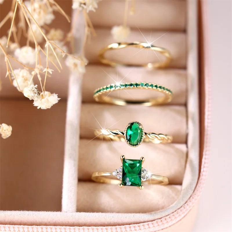 4 stks Vrouwelijke Groene Zirkoon Stenen Ring Set Trendy Geel Goud Kleur Engagement Leuke Bruid Bruiloft Sieraden Cadeau Voor Vrouwen