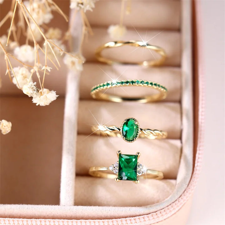 4 stks Vrouwelijke Groene Zirkoon Stenen Ring Set Trendy Geel Goud Kleur Engagement Leuke Bruid Bruiloft Sieraden Cadeau Voor Vrouwen