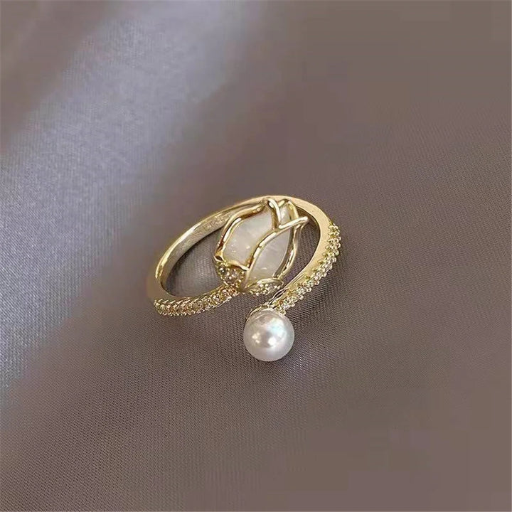 Charme Vrouwelijke Witte Parel Bloem Verstelbare Open Ring Goud Kleur Leuke Gift Bruiloft Sieraden Voor Vrouwen