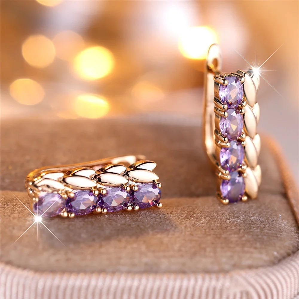 Charme Vrouwelijke Paarse Kristal Zirkoon Steen Tarwe Hoepel Oorbellen Goud Kleur Eenvoudige Bruiloft Sieraden Voor Vrouwen