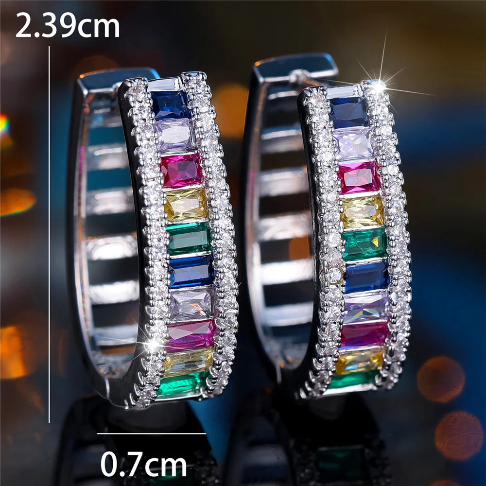 Charme Vrouwelijke Regenboog Zirkoon Steen Oorringen Mode Zilveren Kleur Bruiloft Sieraden Voor Vrouwen