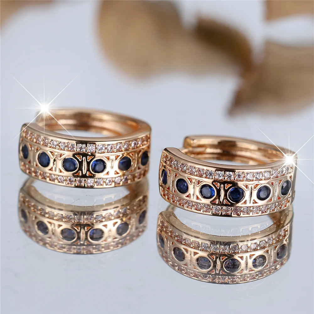 Leuke Vrouwelijke Blauwe Ronde Zirkoon Steen Hoepel Oorbellen Mode Gouden Kleur Bruiloft Sieraden Voor Vrouwen