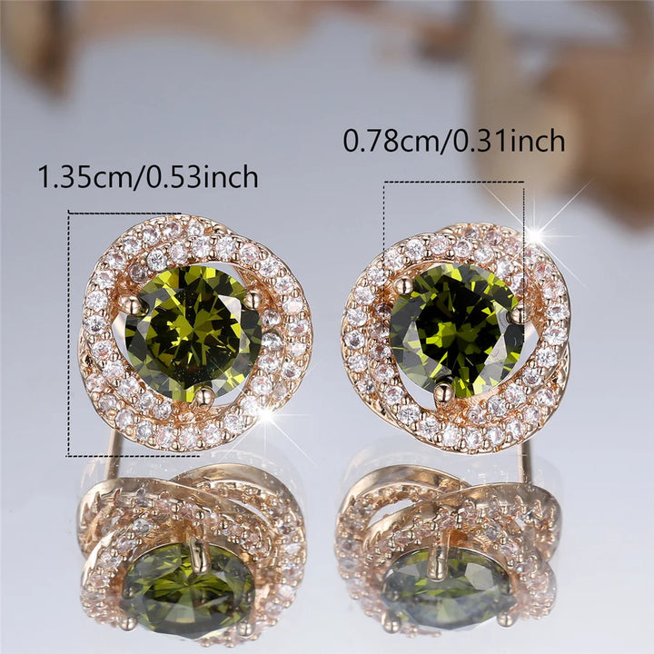 Leuke vrouwelijke steen olijfgroene zirkoon ronde oorknopjes gouden kleur bruiloft sieraden voor vrouwen