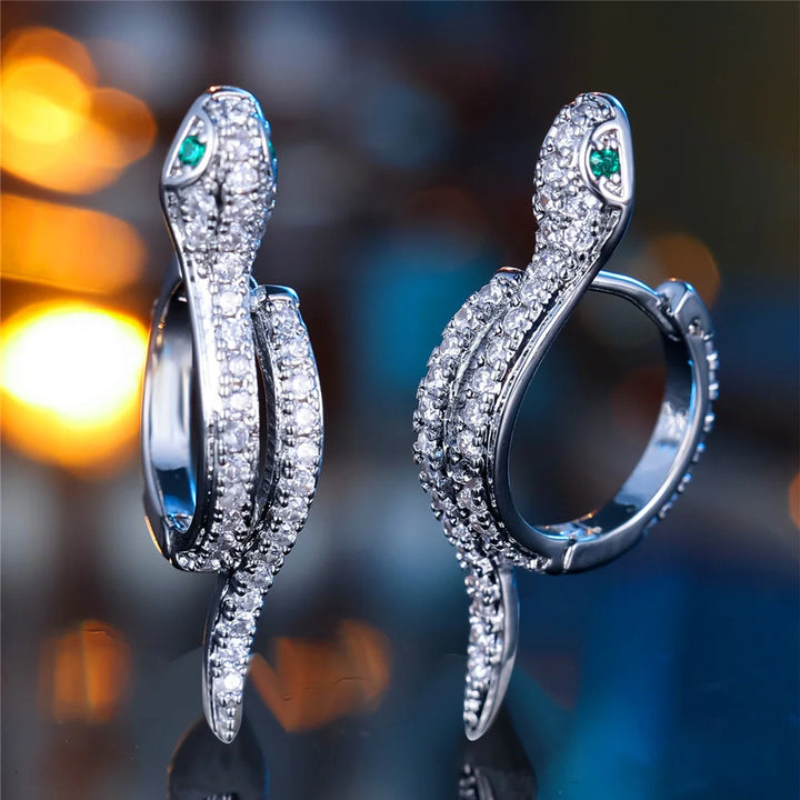 Leuke Vrouwelijke Kleine Wit Groen Zirkoon Steen Slang Dier Hoepel Oorbellen Mode Zilveren Kleur Bruiloft Sieraden Voor Vrouwen
