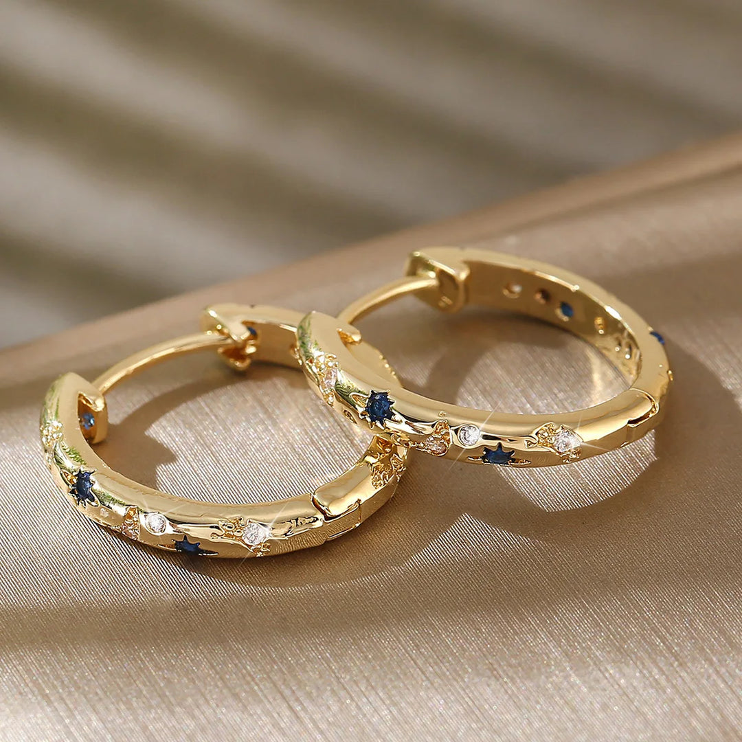 Crystal White Blue Zircon Stone Round Hoop Earrings For Women Fashion Female Yellow Gold Color Wedding Jewelry