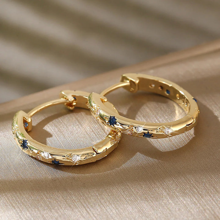 Crystal White Blue Zircon Stone Round Hoop Earrings For Women Fashion Female Yellow Gold Color Wedding Jewelry