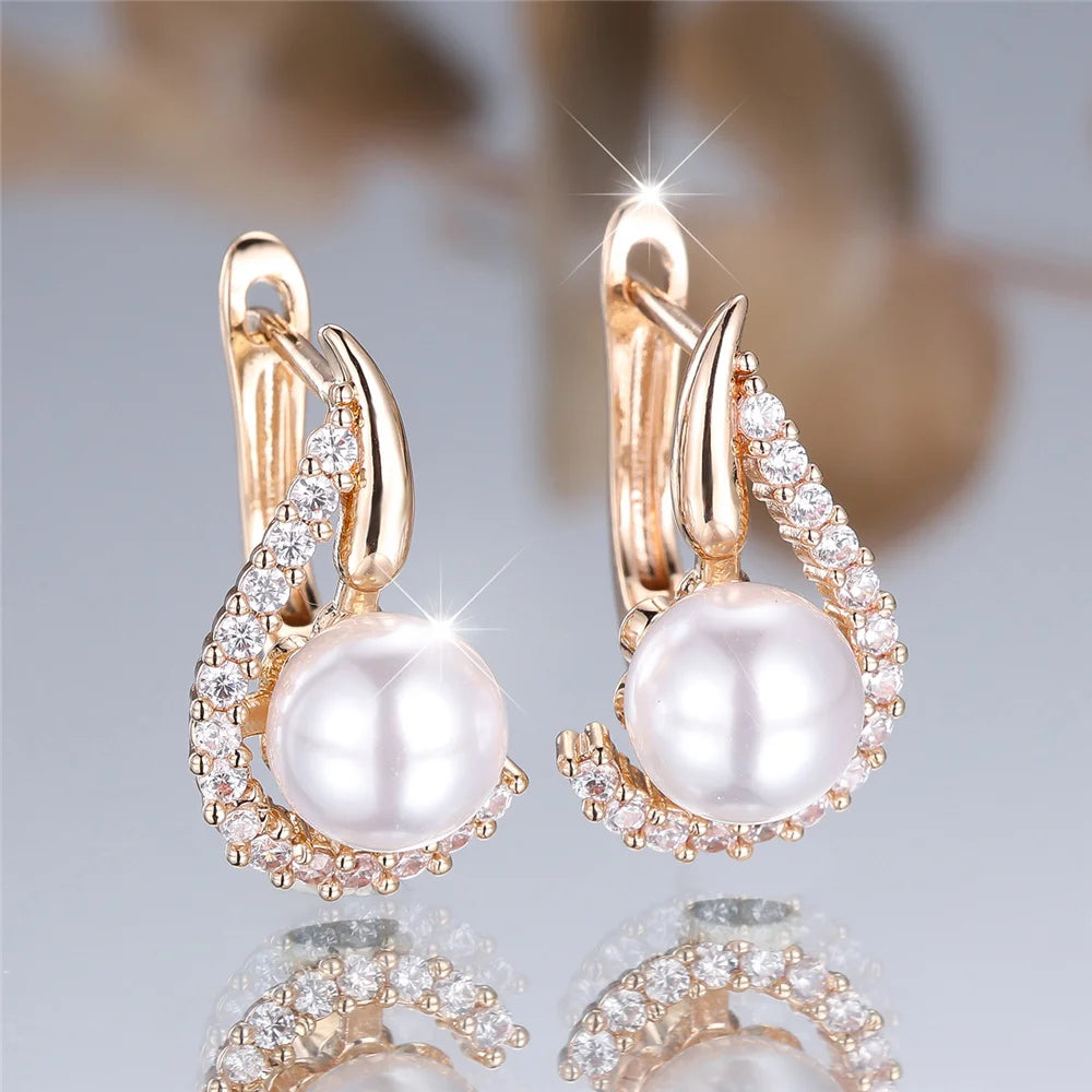 Charme Vrouwelijke Witte Parel Kristal Zirkoon Steen Hoepel Oorbellen Goud Kleur Eenvoudige Bruiloft Sieraden Voor Vrouwen