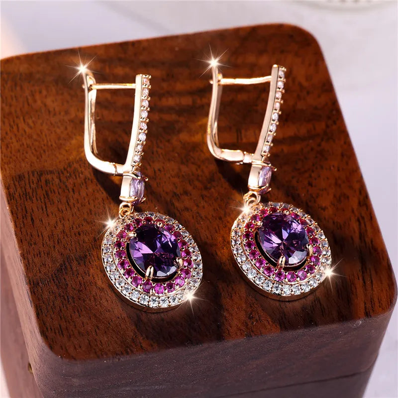 Luxe Vrouwelijke Rood Paars Ovale Zirkoon Steen Clip Oorbellen Charme Goud Kleur Bruiloft Sieraden Voor Vrouwen