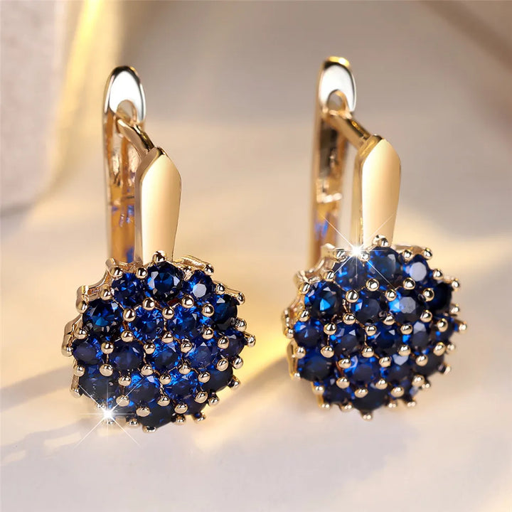 Leuke Zonnebloem Blauw Kristal Ronde Zirkoon Hoepel Oorbellen Voor Vrouwen Goud Kleur Bruiloft Bloem Sieraden Verlovingscadeau