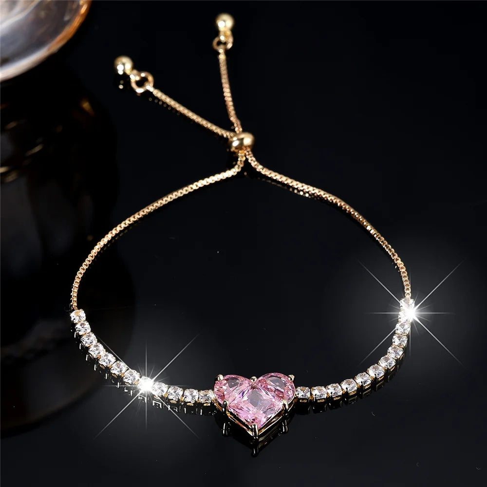 Charme Vrouwelijke Roze Witte Zirkoon Steen Liefde Hart Armband Leuke Zilver Goud Kleur Verstelbare Bruiloft Sieraden Voor Vrouwen