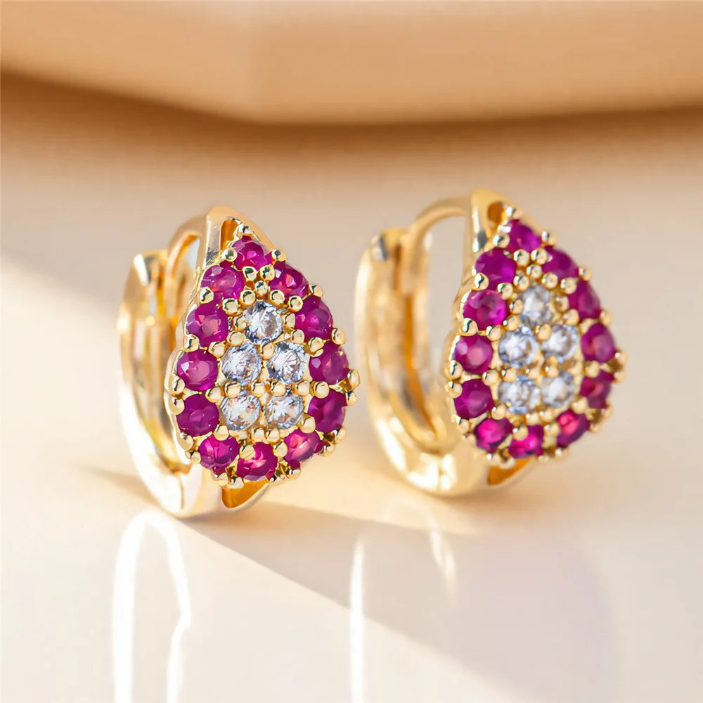 Charme Vrouwelijke Rose Rode Zirkoon Steen Hoepel Oorbellen Luxe Gouden Kleur Bruiloft Sieraden Voor Vrouwen