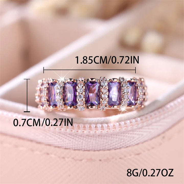 Luxe Vrouwelijke Paarse Zirkoon Stenen Ring Trendy Rose Goud Kleur Engagement Bruiloft Sieraden Cadeau Voor Vrouwen