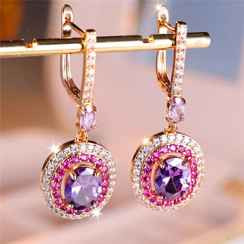 Luxe Vrouwelijke Rood Paars Ovale Zirkoon Steen Clip Oorbellen Charme Goud Kleur Bruiloft Sieraden Voor Vrouwen