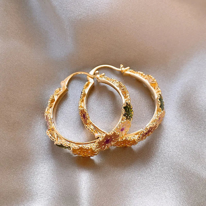 Charm Female Rainbow Enamel Flower Hoop Earrings Gold Color Simple Round Wedding Jewelry For Women