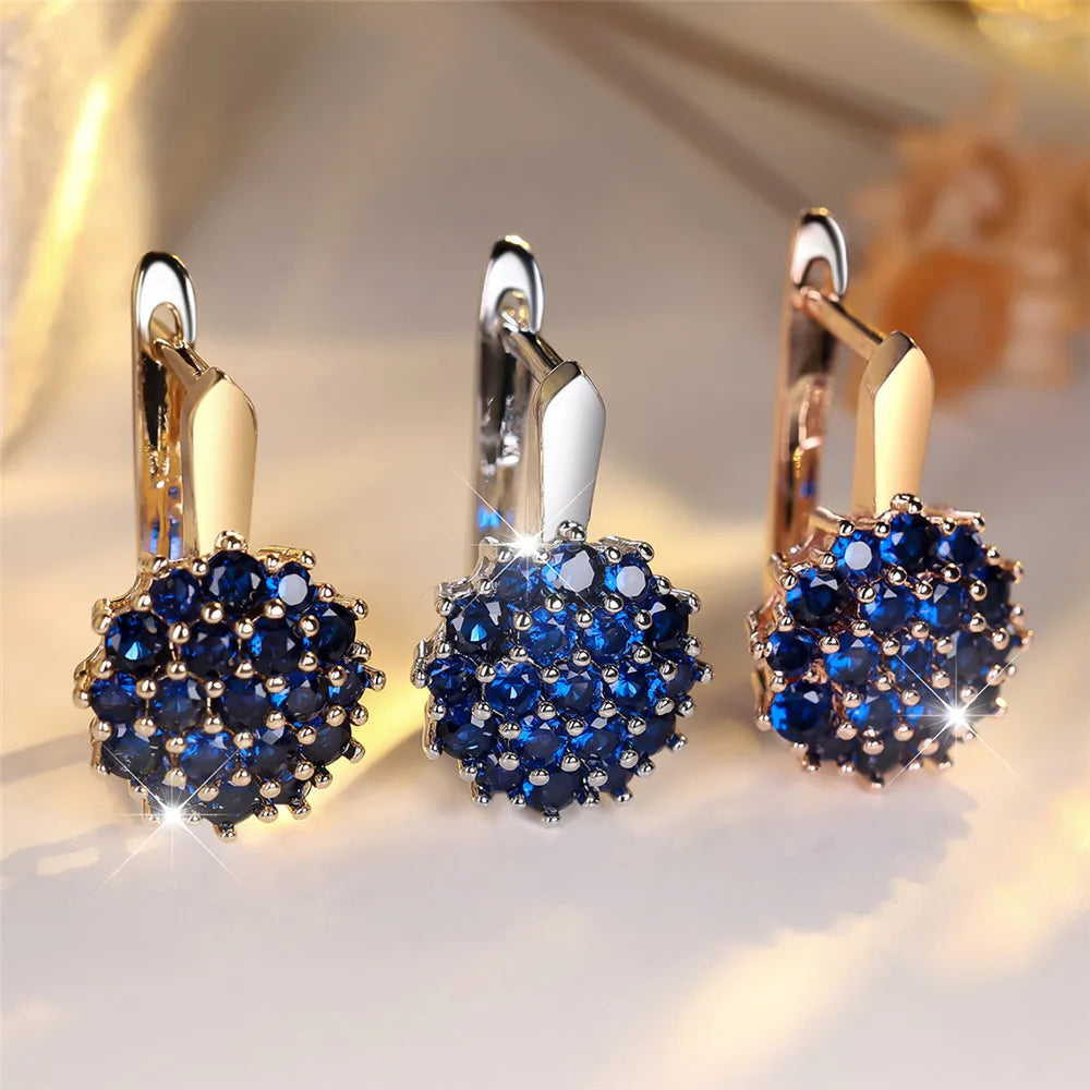 Leuke Zonnebloem Blauw Kristal Ronde Zirkoon Hoepel Oorbellen Voor Vrouwen Goud Kleur Bruiloft Bloem Sieraden Verlovingscadeau