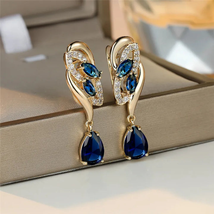 Leuke Vrouwelijke Groen Blauwe Zirkoon Steen Oorbellen Luxe Gouden Kleur Bruiloft Sieraden Voor Vrouwen