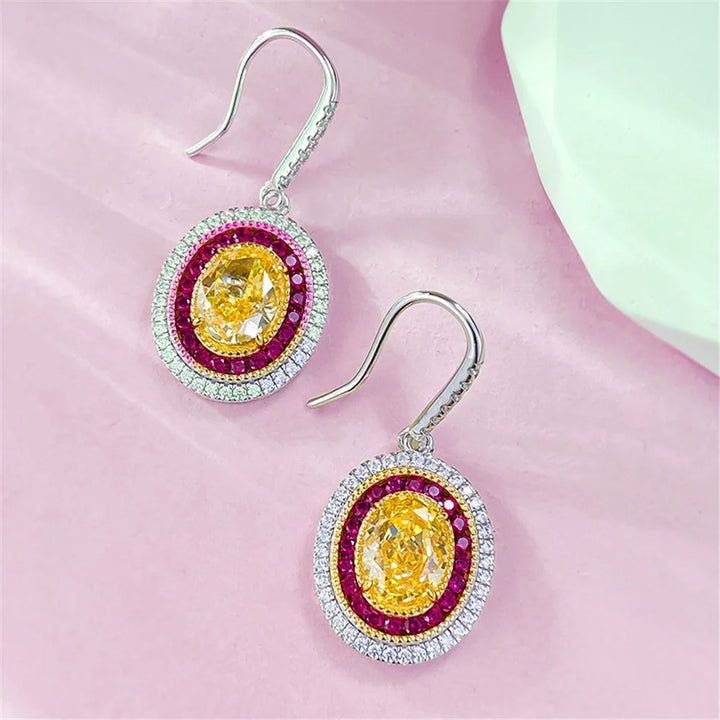 Charm Vrouwelijke Grote Gele Ovale Zirkoon Steen Drop Dangle Oorbellen Leuke Zilveren Kleur Partij Sieraden Voor Vrouwen